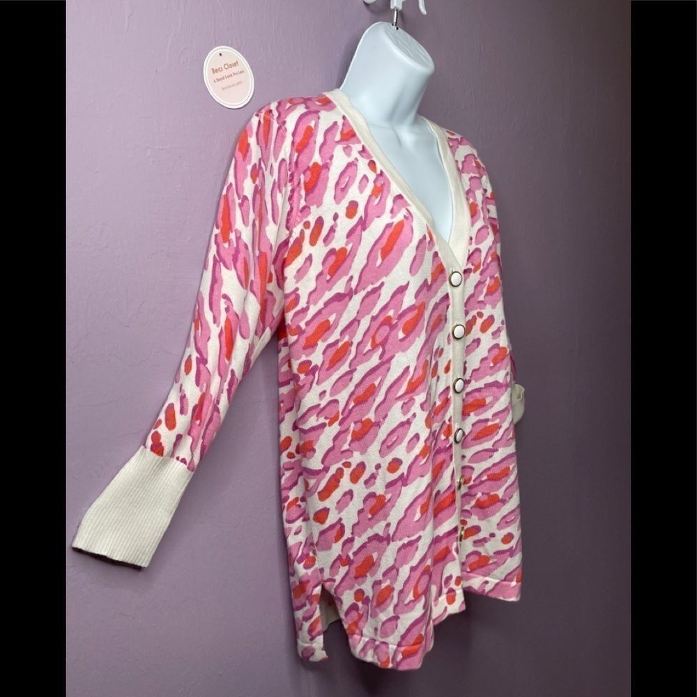 Bob Mackie Wearable Art Pink Animal Print Button-Front Cardigan Size S - Picture 3 of 12